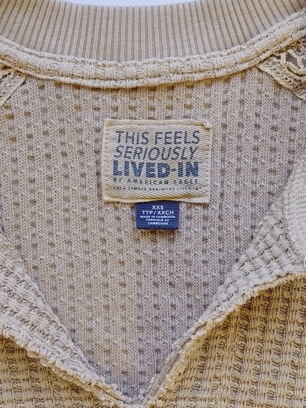 American Eagle Seriously Lived In Waffle Knit Top XXSmall Crochet Lace Coastal - Picture 2 of 8